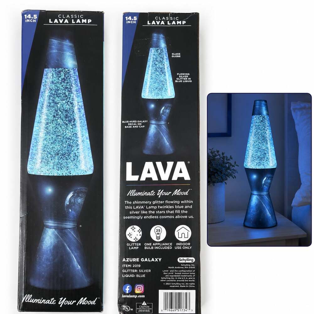 Schylling Classic 14.5 Inch Lava Lamp Azure Galaxy Silver Glitter Blue Liquid